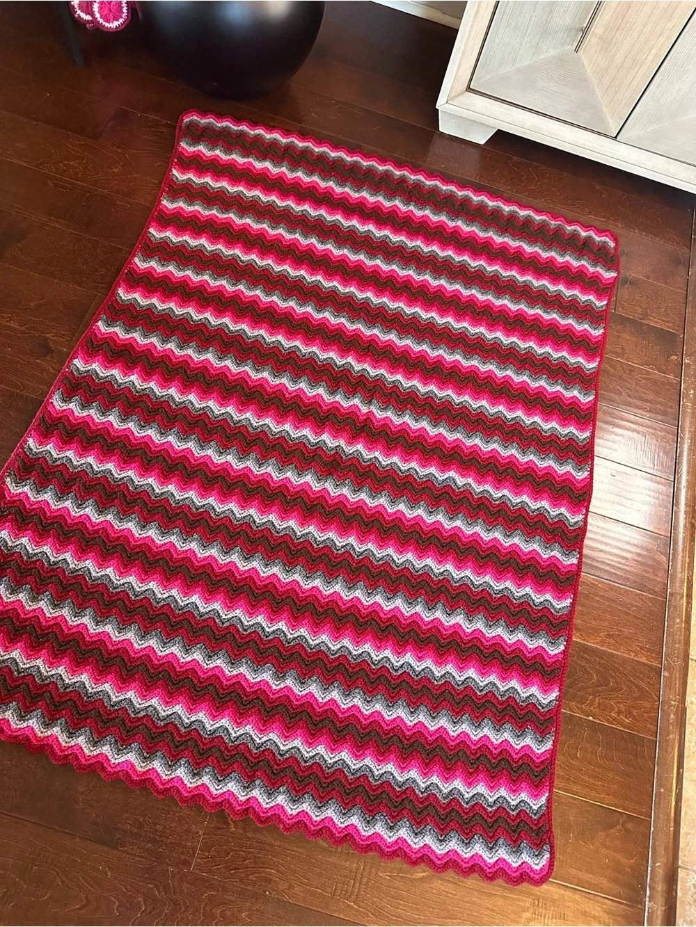 Chevron Knit Afghan Throw Blanket —Pink, Greys, Burgundy, & Brown